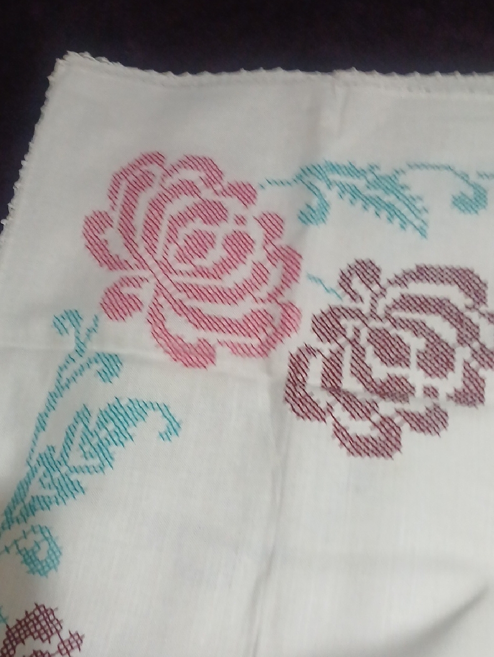 Embroidered Rose Cross-Stitch Linen - Pink & Teal Floral